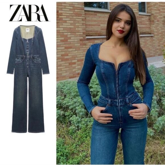 Zara Full Denim Jumpsuit With Front Zip Long Sleeve Size XL - Picture 3 of 11